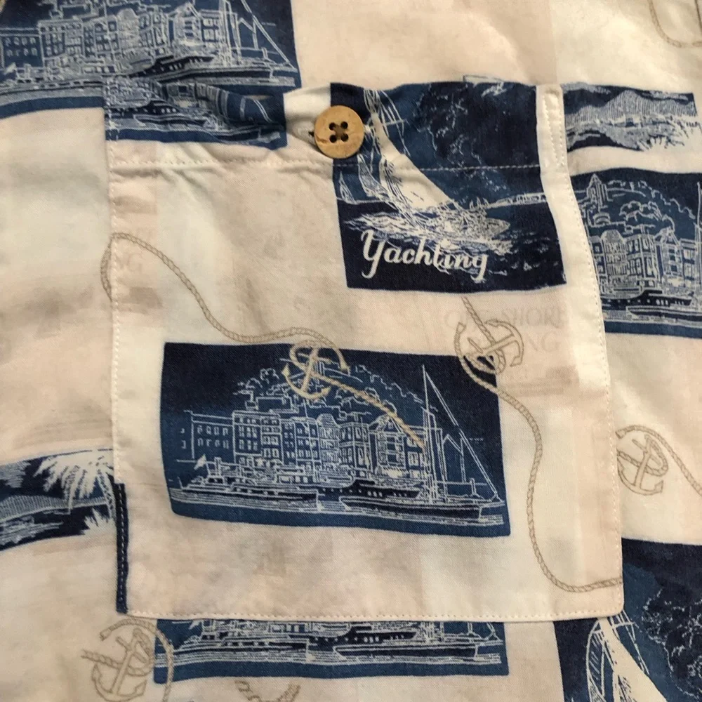 Puritan Yatch Landscape Prints Vacation Button Down Short Sleeves Mens Shirt M